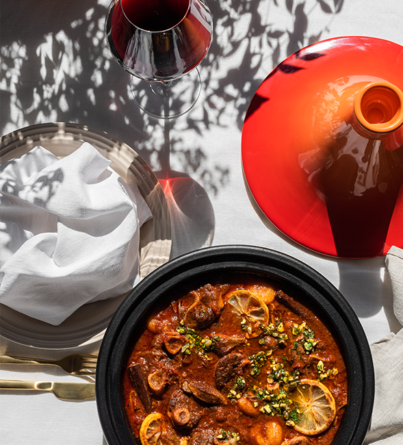 Harissa Lamb Tagine with Apricots and Lemony Pistachio Salsa